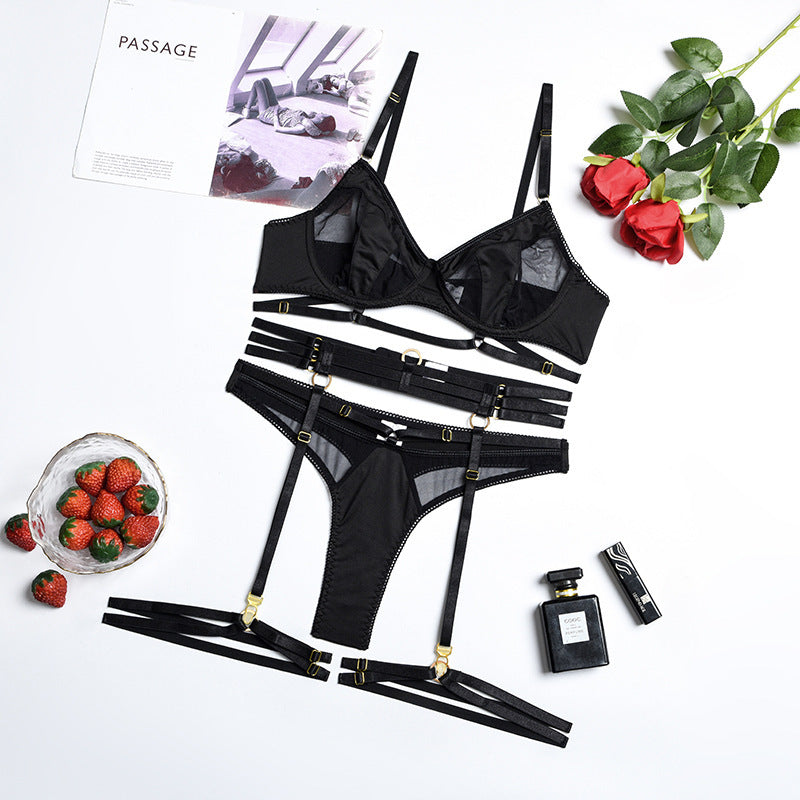 Noir Éclipse Strappy Garter Lingerie Set