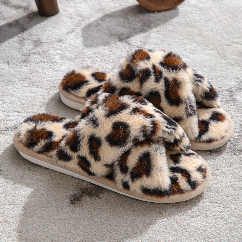 Fluffy Leopard Plush Home Slippers