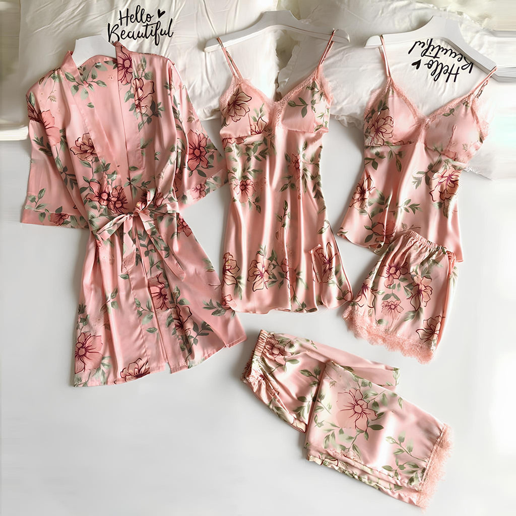 Luna Fiorita Satin Nightdress Set (5 Pieces)